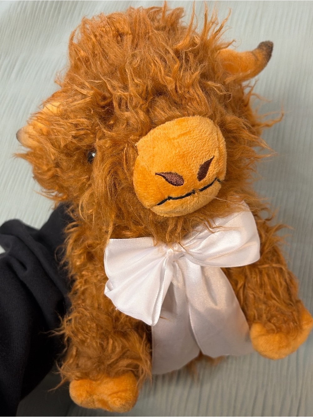 Fluffy Plush Highland Cow Stuffed Animal - Brown with White Bow